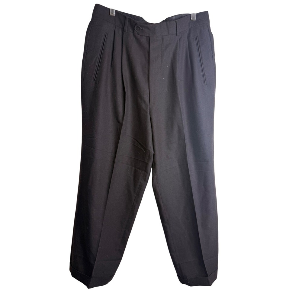 Baracuta Soft Men 34 Black 100s Wool Pleated Cuffed Ankle Cropped Trouser Pants